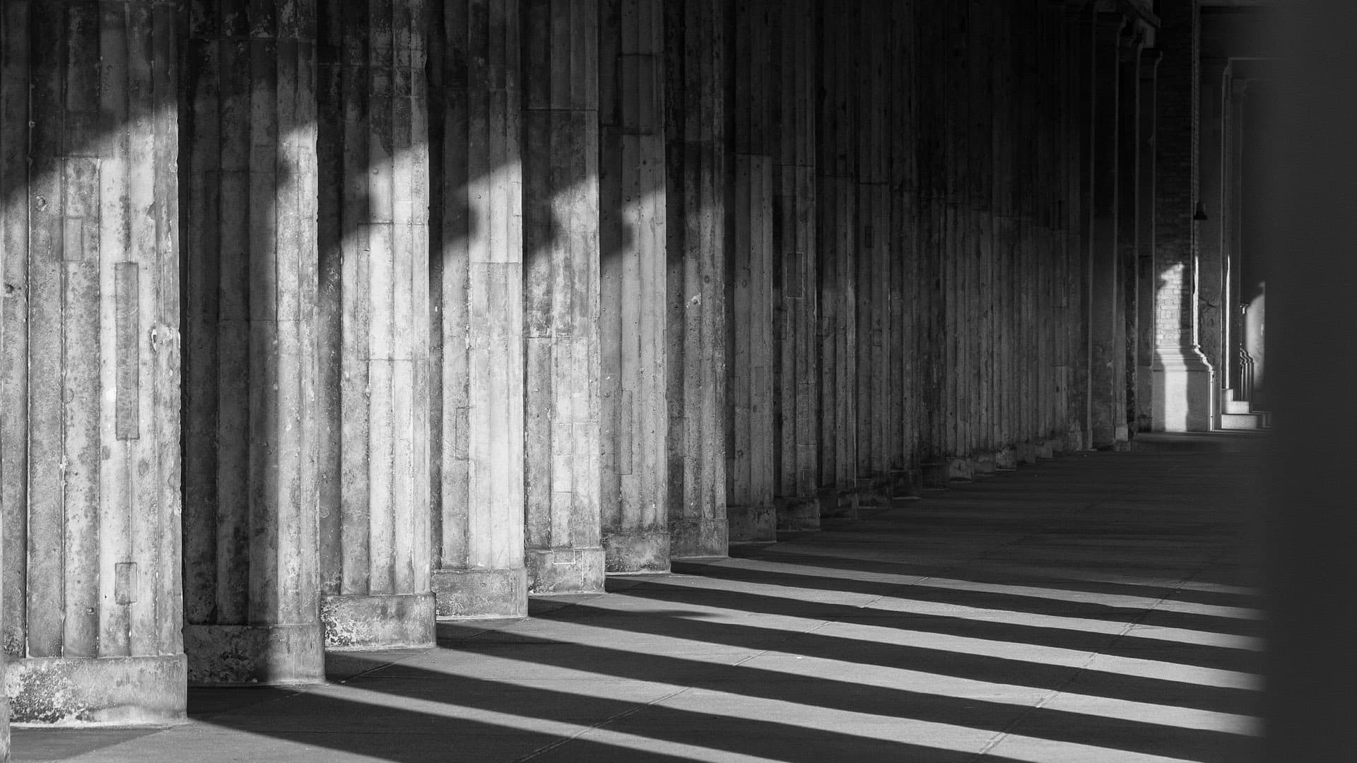 Sunlit marble columns lining a classical interior corridor